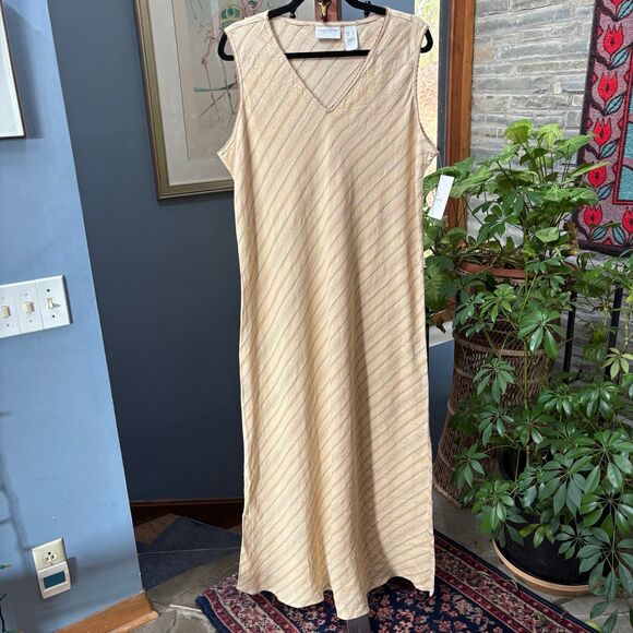 Vintage NWT Liz Claiborne 100% Linen Neutral Stripe Maxi Dress size XL - Picture 2 of 9